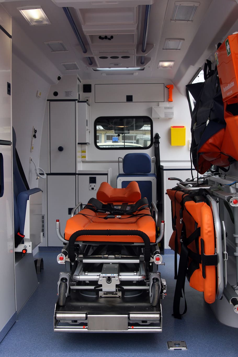 Ambulance interior with stretcher and medical equipment