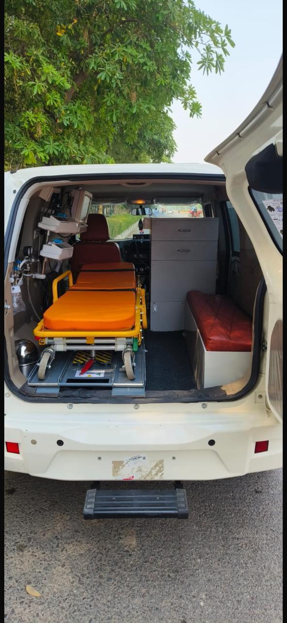 Ambulance front view with emergency lights